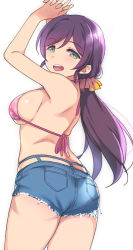 Rule 34 | 1girl, :d, arms up, ass, bikini, bikini top only, breasts, denim, denim shorts, duke (inu daimyou), from behind, green eyes, hair ornament, hair scrunchie, long hair, looking at viewer, love live!, love live! school idol project, low twintails, open mouth, pink bikini, polka dot, polka dot bikini, purple hair, scrunchie, shorts, simple background, smile, solo, swimsuit, teeth, tojo nozomi, twintails, upper teeth only, white background, yellow scrunchie