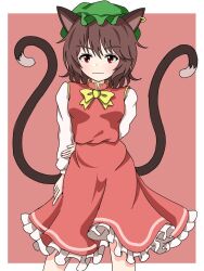 Rule 34 | 1girl, animal ear piercing, animal ears, arm at side, arm behind back, blush, border, bow, bowtie, breasts, brown hair, cat ears, cat tail, chen, commentary request, contrapposto, cowboy shot, dress, earrings, frills, green hat, hat, highres, jewelry, light smile, long sleeves, looking at viewer, medium hair, mob cap, multiple tails, nekomata, petticoat, puffy long sleeves, puffy sleeves, red background, red dress, red eyes, simple background, single earring, small breasts, solo, standing, tail, tail raised, touhou, two tails, white border, yellow bow, yellow bowtie, zheng3008451858