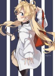 Rule 34 | 1girl, abukuma (kancolle), alternate costume, bag, beige skirt, black pantyhose, black sweater, blonde hair, blue eyes, coat, cowboy shot, double bun, from side, hair bun, hair rings, handbag, holding, holding bag, jewelry, kantai collection, long hair, looking at viewer, necklace, pantyhose, simple background, smile, solo, striped, striped background, sugue tettou, sweater, turtleneck, turtleneck sweater, twitter username, white coat