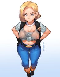 Rule 34 | 1girl, android 18, artist name, bad id, bad tumblr id, belt, black gloves, blonde hair, blue eyes, breasts, cleavage, conto, covered erect nipples, denim, dragon ball, dragonball z, frown, gloves, hands on own hips, highres, jeans, jewelry, looking at viewer, midriff, navel, necklace, nipples, pants, pearl necklace, see-through, shirt, solo, thigh gap, tied shirt, vest, wet, wet clothes, wet shirt