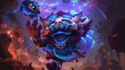 Rule 34 | 1girl, 2boys, absurdres, blue eyes, blue flower, body fur, building, candle, claws, fireworks, flower, hair flower, hair ornament, highres, holding, la ilusion ziggs, league of legends, mask, multiple boys, night, official alternate costume, official art, open mouth, outdoors, solo focus, surprised, teeth, tongue, yordle, ziggs