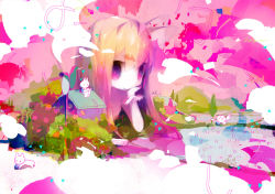 Rule 34 | 1girl, abstract, blonde hair, head rest, mitsugo (road after rain), no nose, original, pink theme, purple eyes