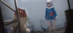 Rule 34 | 2girls, a way out, blonde hair, blood, blood on face, blue hoodie, building, commentary, crying, death, fins, fish tail, gawr gura, gawr gura (1st costume), hair ornament, hat, highres, hololive, hololive english, hood, hoodie, multicolored hair, multiple girls, nev (nevblindarts), on roof, outdoors, rain, sad, shark hair ornament, shark tail, skyscraper, spoilers, tail, tears, virtual youtuber, watson amelia, watson amelia (1st costume), white hair