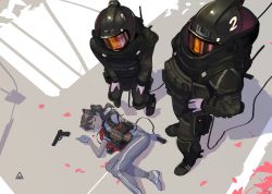 Rule 34 | 1other, 2girls, absurdres, ambiguous gender, animal ears, armor, blood, bomb, brown hair, cat ears, commentary, death, english commentary, explosive, full armor, grenade, gun, hands on own hips, helmet, highres, looking at viewer, military, military uniform, multiple girls, original, polilla, suicide bomb, uniform, weapon, worried
