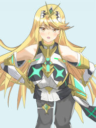 Rule 34 | 1girl, bent over, blonde hair, blush, breasts, hand on own hip, highres, long hair, looking at viewer, mythra (massive melee) (xenoblade), mythra (xenoblade), nintendo, open mouth, pantyhose, sidelocks, skirt, solo, super smash bros., tiara, xenoblade chronicles (series), xenoblade chronicles 2, yellow eyes