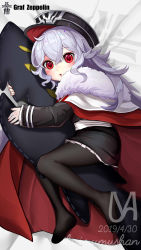 Rule 34 | 1girl, absurdres, ahoge, animal-shaped pillow, artist name, azur lane, black jacket, black pantyhose, blush, cape, character name, chinese commentary, commentary request, dated, eyelashes, full body, fur-trimmed cape, fur trim, graf zeppelin (azur lane), hat, highres, jacket, long hair, long sleeves, looking at viewer, lying, military hat, mu shanmu san, no shoes, hugging object, on bed, on side, open mouth, pantyhose, peaked cap, pillow, pillow hug, red cape, red eyes, sash, sidelocks, silver hair, solo, white sash, zeppy (azur lane)