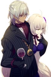 Rule 34 | 1boy, 1girl, ahoge, antonio salieri (fate), antonio salieri (second ascension) (fate), black gloves, bow, breasts, closed mouth, commentary request, cup, dark-skinned male, dark skin, dress, drinking glass, echo (circa), elbow gloves, fate/grand order, fate (series), flower, formal, gloves, hair between eyes, hair flower, hair ornament, half updo, holding, jeanne d&#039;arc (fate), jeanne d&#039;arc alter (avenger) (fate), jeanne d&#039;arc alter (fate), jewelry, large breasts, long hair, medallion, official alternate costume, parted lips, pinstripe pattern, pinstripe suit, purple dress, purple flower, red eyes, ribbon, scarf, short hair, simple background, smile, striped, suit, teeth, very long hair, white background, white hair, wine glass, yellow eyes