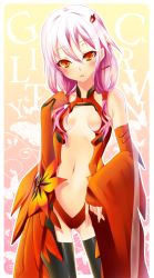 Rule 34 | 10s, 1girl, ayakichi, bare shoulders, black thighhighs, blush, breasts, center opening, elbow gloves, fingerless gloves, gloves, guilty crown, hair ornament, hairclip, long hair, looking at viewer, navel, orange eyes, pink hair, small breasts, solo, thighhighs, twintails, yuzuriha inori
