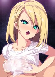 Rule 34 | 1girl, blonde hair, breasts, collarbone, cum, cum on body, cum on clothes, cum on upper body, ejaculation, ejaculation under clothes, green eyes, hetero, highres, kinoshita ichi, large breasts, looking at viewer, medium breasts, open mouth, original, paizuri, paizuri under clothes, see-through, shirt, solo focus, swept bangs, t-shirt, teeth, upper teeth only, wet, wet clothes, wet shirt
