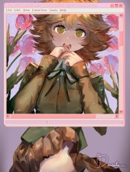 Rule 34 | 1boy, artist name, black ribbon, blush, brown hair, brown skirt, clothes lift, collared shirt, commentary, danganronpa: trigger happy havoc, danganronpa (series), devselia, floral background, fujisaki chihiro, green ribbon, hair between eyes, hand to own mouth, hands up, long sleeves, looking at viewer, neck ribbon, open mouth, pleated skirt, purple background, ribbon, shirt, short hair, signature, sitting, skirt, skirt lift, solo, teeth, upper teeth only, window (computing)