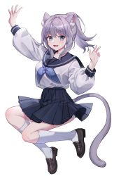 Rule 34 | 1girl, :3, absurdres, animal ear fluff, animal ears, arms up, blue eyes, blue necktie, blue sailor collar, blush, cat ears, cat girl, cat tail, commentary, fang, full body, grey hair, hair between eyes, highres, jumping, kneehighs, long sleeves, looking at viewer, neckerchief, necktie, open mouth, original, panties, pantyshot, pleated skirt, ponytail, sailor collar, school uniform, serafuku, shirt, short hair, simple background, skirt, smile, socks, solo, ssoi cat, symbol-only commentary, tail, underwear, white background, white shirt
