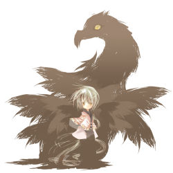 Rule 34 | 1girl, animal, beak, bird, blush, brown feathers, capelet, expressionless, feathers, full body, fusion, looking at viewer, n:go, original, parted lips, pixiv fantasia, short hair, silver hair, solo, standing, surreal, yellow eyes