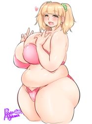 Rule 34 | 1girl, agawa ryou, artist name, bad id, bad tumblr id, bikini, blonde hair, breasts, brown eyes, fang, fat, huge breasts, original, short hair, smile, solo, swimsuit, thick arms, thick thighs, thighs, twintails, v