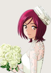 Rule 34 | 1girl, bakusai, bouquet, closed mouth, dress, flower, from side, futari wa precure splash star, hat, holding, holding bouquet, kiryuu michiru, looking at viewer, orange eyes, parted bangs, precure, red hair, rose, short hair, simple background, smile, solo, upper body, wedding dress, white background, white dress, white flower, white hat, white rose