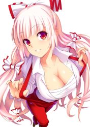 Rule 34 | 1girl, blouse, blunt bangs, bow, breasts, chest sarashi, cleavage, from above, fujiwara no mokou, hair bow, hijikawa arashi, large breasts, lips, long hair, looking at viewer, open clothes, open shirt, pants, parted lips, red eyes, sarashi, shirt, simple background, smile, solo, suspenders, touhou, very long hair, white background, white bow, white hair, white shirt, wing collar