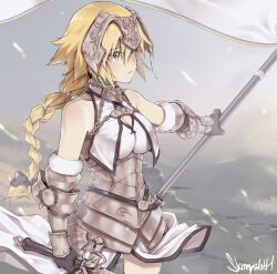 Rule 34 | 1girl, armor, armored dress, black bow, black gloves, blonde hair, bow, braid, breast curtains, breasts, chain, cleavage, closed mouth, commentary, couter, cowboy shot, fate/apocrypha, fate/grand order, fate (series), faulds, flag, gloves, hair bow, headpiece, highres, holding, holding flag, holding sword, holding weapon, jeanne d&#039;arc (fate), jeanne d&#039;arc (ruler) (fate), large breasts, long braid, long hair, looking afar, outdoors, outstretched arm, plackart, signature, single braid, skinnysloth, solo, standard bearer, sword, vambraces, very long hair, weapon, yellow eyes