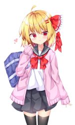 Rule 34 | 1girl, ahoge, alternate costume, arm at side, arm up, bag, black skirt, black thighhighs, blonde hair, blue sailor collar, blush stickers, cardigan, carrying over shoulder, cowboy shot, fang, fang out, frown, hair ribbon, head tilt, heart, highres, looking at viewer, miniskirt, neckerchief, open cardigan, open clothes, pink cardigan, pleated skirt, red eyes, red neckerchief, ribbon, rumia, sabana, sailor collar, school bag, school uniform, serafuku, short hair, simple background, skirt, sleeves past wrists, solo, standing, thighhighs, touhou, white background, zettai ryouiki