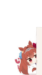Rule 34 | 1girl, animal ears, blush, bow, brown hair, chibi, closed mouth, daiwa scarlet (umamusume), hair bow, hair intakes, hands up, highres, horse ears, horse girl, horse tail, leaning to the side, long hair, looking at viewer, muuran, peeking out, red bow, red eyes, shadow, signature, solo, tail, tiara, translation request, twintails, umamusume, very long hair, white background