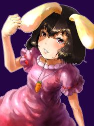 Rule 34 | 1girl, animal ears, brown hair, carrot, clenched hand, dress, female focus, grin, inaba tewi, jewelry, lips, necklace, nihimaru, purple background, rabbit ears, red eyes, smile, solo, touhou