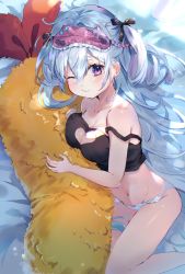 Rule 34 | 1girl, ;), ;t, bare arms, black bow, black skirt, blue hair, blush, bow, breasts, cleavage, closed mouth, clothing cutout, commentary request, crop top, drill hair, groin, hair between eyes, hair bow, heart cutout, highres, hourei tenten, long hair, looking at viewer, lying, mask, mask on head, medium breasts, melty+, midriff, mole, mole on breast, mole under eye, navel, omelet tomato, on bed, on side, one eye closed, panties, purple eyes, skirt, sleep mask, smile, solo, strap slip, stuffed toy, two side up, underwear, very long hair, virtual youtuber, white panties