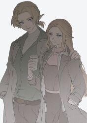 Rule 34 | 1boy, 1girl, alternate costume, belt, belt buckle, blonde hair, brown belt, brown jacket, buckle, collared shirt, commentary, contemporary, cup, disposable cup, forehead, green shirt, hand in pocket, hand on another&#039;s shoulder, highres, holding, holding cup, jacket, link, long hair, long sleeves, looking at another, nintendo, open clothes, open jacket, pants, pointy ears, princess zelda, shirt, short hair, short ponytail, sidelocks, simple background, smile, the legend of zelda, the legend of zelda: ocarina of time, white background, yun (dl2n5c7kbh8ihcx)