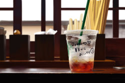 Rule 34 | absurdres, blurry, blurry background, cup, disposable cup, drinking straw, highres, indoors, no humans, original, pei (sumurai), scenery, starbucks, still life, translated