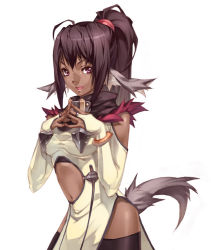 Rule 34 | 1girl, animal ears, black thighhighs, clothing cutout, cowboy shot, dark-skinned female, dark skin, dog ears, dog tail, kousaki rui, original, own hands together, pelvic curtain, shoulder cutout, simple background, solo, steepled fingers, tail, thighhighs, white background