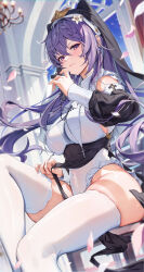 Rule 34 | 1girl, absurdres, alternate costume, black headwear, breasts, closed mouth, covered navel, cross, cross necklace, detached sleeves, genshin impact, hand up, highres, houkisei, jewelry, keqing (genshin impact), large breasts, leotard, long sleeves, looking at viewer, necklace, nun, purple eyes, purple hair, sitting, solo, thighhighs, thighs, white leotard, white thighhighs