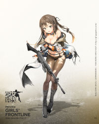 Rule 34 | 1girl, anmi, assault rifle, blush, boots, breasts, brown eyes, brown hair, cleavage, collarbone, cross-laced footwear, fingerless gloves, full body, girls&#039; frontline, gloves, gun, hair ornament, hairclip, highres, jacket, k2 (girls&#039; frontline), knee boots, lace-up boots, logo, long hair, medium breasts, navel, off shoulder, official art, open clothes, open jacket, open mouth, panties, panties under pantyhose, pantyhose, rifle, scar, shadow, simple background, solo, standing, torn clothes, torn pantyhose, underwear, weapon