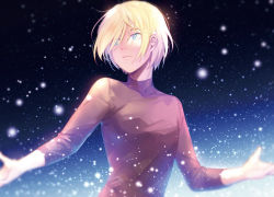 Rule 34 | 1boy, bad id, bad pixiv id, black shirt, blonde hair, green eyes, looking to the side, male focus, outstretched arms, shirt, snowing, solo, spread arms, turtleneck, upper body, yuri!!! on ice, yuri plisetsky, yuyu (yuyudesu0806)