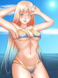 Rule 34 | arm behind head, arms up, beach, bikini, blue eyes, blush, body markings, breasts, cloud, eye contact, eyebrows, eyelashes, groin, highres, lips, long hair, loo-zi, looking at another, multicolored hair, navel, nipples, nose blush, ocean, one eye closed, outdoors, self-upload, sky, solo, sunlight, swimsuit, thighhighs, two-tone hair, v, very long hair