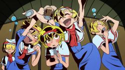 Rule 34 | 5girls, absurdres, alcohol, alice margatroid, beer, beer mug, blonde hair, blue dress, blush, capelet, cigarette, closed eyes, closed mouth, commentary request, cookie (touhou), cowboy shot, cup, dress, food-themed hair ornament, hair between eyes, hair ornament, hair over eyes, highres, hinase (cookie), ichigo (cookie), jigen (cookie), mug, multiple girls, necktie, niwarhythm, open mouth, parody, red neckwear, red scarf, sakuranbou (cookie), scarf, short hair, smile, smoking, strawberry hair ornament, style parody, taisa (cookie), tengen toppa gurren lagann, tokkuri, touhou, white capelet, yellow eyes