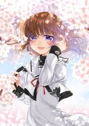 Rule 34 | 1girl, ameyado chika, artist name, blurry, blurry background, brown hair, cherry blossoms, commentary request, dappled sunlight, day, depth of field, dress, hair down, hair ribbon, hand in own hair, highres, holding, holding ribbon, long sleeves, looking at viewer, lyrical nanoha, mahou shoujo lyrical nanoha, medium dress, medium hair, neck ribbon, open mouth, purple eyes, ribbon, unworn ribbon, sailor dress, school uniform, seishou elementary school uniform, signature, smile, solo, standing, sunlight, takamachi nanoha, twitter username, upper body, white ribbon, wind