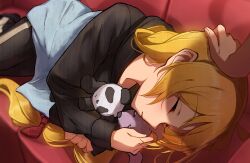 Rule 34 | 1girl, 1other, :x, absurdres, black pants, black shirt, blonde hair, blush, bocchi the rock!, bow, closed eyes, commentary request, couch, dutch angle, foreshortening, hair between eyes, hair bow, headpat, highres, holding, holding stuffed toy, hugging object, ijichi seika, kootee-on, long hair, long sleeves, low-tied long hair, lying, nose, on couch, on side, pants, parted lips, profile, red bow, shirt, sleeping, solo focus, stuffed animal, stuffed panda, stuffed toy, very long hair