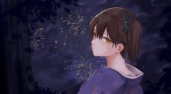 Rule 34 | 10s, 1girl, brown eyes, brown hair, bush, commentary request, expressionless, fireworks, floral print, flower, fukuroumori, hair between eyes, hair flower, hair ornament, highres, japanese clothes, kaga (kancolle), kantai collection, kimono, looking at viewer, nape, night, night sky, short hair, side ponytail, sky, solo, sweat, sweatdrop, tree, yukata