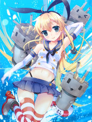 Rule 34 | &gt; o, 10s, 1girl, :3, armpits, bad id, bad pixiv id, black panties, blonde hair, blue eyes, blue skirt, elbow gloves, gloves, hairband, head tilt, kantai collection, lifebuoy, long hair, looking at viewer, navel, o &gt;, one eye closed, panties, rensouhou-chan, shimakaze (kancolle), sie-sie, skirt, smile, striped clothes, striped thighhighs, swim ring, thighhighs, underwear, white gloves