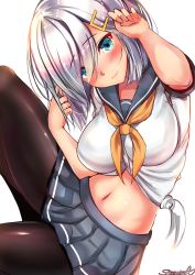 Rule 34 | 1girl, artist name, blue eyes, blush, breasts, hair ornament, hairclip, hamakaze (kancolle), highres, impossible clothes, kantai collection, large breasts, looking at viewer, midriff, navel, pantyhose, pleated skirt, sazamiso rx, school uniform, serafuku, shirt, short hair, short sleeves, silver hair, simple background, sitting, skirt, smile, solo, tied shirt, white background