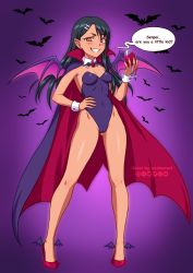Rule 34 | 1girl, bare legs, bat (animal), black cape, black hair, black leotard, blush, breasts, brown eyes, burbur, cameltoe, cape, cleft of venus, commentary, covered navel, cup, detached collar, drinking glass, earclip, earrings, english commentary, english text, fang, full body, glowing, glowing eyes, gluteal fold, grin, hair ornament, hairclip, halloween, hand on own hip, holding, holding cup, ijiranaide nagatoro-san, jewelry, legs apart, leotard, long hair, medium breasts, nagatoro hayase, pointy ears, popped collar, purple background, red cape, red footwear, shoes, simple background, smile, smirk, solo, speech bubble, standing, stud earrings, teeth, two-sided cape, two-sided fabric, vampire costume, watermark, wine glass, winged footwear, wrist cuffs