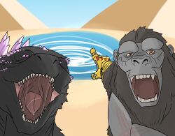 Rule 34 | 2boys, abs, b.e.a.s.t. glove, crossover, day, egypt, electroshock weapon, gauntlets, giant, giant monster, gloves, godzilla, godzilla (monsterverse), godzilla (series), godzilla evolved, godzilla x kong: the new empire, gorilla, great pyramid of giza, highres, ibuki (tulta icon), index finger raised, kaijuu, king kong, king kong (series), legendary pictures, looking at viewer, meme, monster, monsterverse, multiple boys, no humans, parody, pectorals, pointing, portal (object), pyramid, pyramid (structure), real world location, sharp teeth, single glove, sky, spikes, teeth, toho, two soyjaks pointing (meme), weapon
