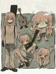 Rule 34 | 1girl, absurdres, blue eyes, blush, bocchi the rock!, brown footwear, chibi, cube hair ornament, electric guitar, full body, gibson les paul, gotoh hitori, grey skirt, guitar, hair between eyes, hair ornament, highres, holding, holding instrument, instrument, instrument case, jacket, loafers, long hair, long sleeves, multiple views, muted color, one side up, open mouth, pants, pants under skirt, pink hair, pink jacket, pink pants, pleated skirt, school uniform, shoes, sitting, skirt, smile, sn00zer, standing, tears, track jacket, track pants