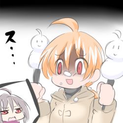 Rule 34 | 100 percent orange juice, 2girls, :d, ahoge, black background, black shirt, brown coat, brown hair, chibi, chibi inset, coat, commentary request, gradient background, grey hair, hands up, holding, hono, long hair, long sleeves, low ponytail, lowres, multiple girls, official art, open mouth, ponytail, purple scarf, red eyes, saki (orange juice), scarf, shaded face, shirt, smile, snow, suguri, suguri (orange juice), turtleneck, wavy mouth, white background
