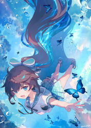 1girl :d absurdly_long_hair ahoge ainy aqua_skirt bare_legs black_bra blue_bow blue_butterfly blue_eyes blue_hair blue_sailor_collar blue_sky blue_theme bow bra breasts bug butterfly cloud cloudy_sky collarbone day floating_hair foreshortening full_body hair_bow highres insect large_breasts long_hair looking_at_viewer miniskirt multicolored_hair open_mouth original outdoors outstretched_arm pavement pleated_skirt ponytail reaching reaching_towards_viewer reflection reflective_water ripples sailor_collar sailor_collar_lift sailor_shirt school_uniform serafuku shirt shoes short_sleeves sidelocks skirt sky smile socks solo standing standing_on_liquid twitter_username two-tone_hair underwear very_long_hair water_drop white_bow white_shirt white_socks