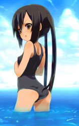 Rule 34 | black hair, brown eyes, cloud, day, k-on!, looking back, nakano azusa, ocean, one-piece swimsuit, open mouth, school swimsuit, sky, solo, sora to umi, swimsuit, twintails