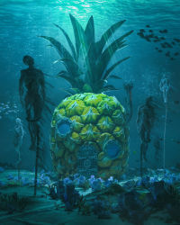 Rule 34 | absurdres, air bubble, beeple, bubble, chain, coral, corpse, food, fruit, highres, no humans, pineapple, scenery, school of fish, spongebob squarepants (series), sunlight, underwater