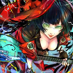 Rule 34 | 1girl, bent over, black feathers, black gloves, black hair, black shirt, boots, breasts, cleavage, collarbone, electric guitar, feathers, fingerless gloves, glasses, gloves, green-tinted eyewear, guilty gear, guilty gear strive, guitar, hat, highres, holding, holding guitar, holding instrument, i-no, illustica phantom, instrument, jacket, large breasts, mole, red footwear, red hat, red jacket, red lips, shirt, short hair, solo, thigh boots, tinted eyewear, witch hat