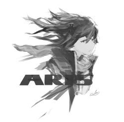 Rule 34 | 1girl, arlen, eyes visible through hair, from side, girls&#039; frontline, greyscale, hair between eyes, hair ornament, highres, jacket, long hair, looking at viewer, monochrome, open mouth, scarf, shirt, signature, sketch, solo, st ar-15 (girls&#039; frontline), wind
