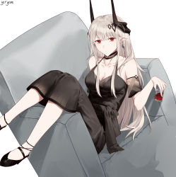 Rule 34 | 1girl, absurdres, arknights, armchair, bare shoulders, black choker, black dress, black footwear, bottle, breasts, chair, choker, cleavage, commentary request, cup, detached sleeves, dress, earrings, highres, holding, holding cup, horns, jewelry, large breasts, long hair, looking at viewer, mudrock (arknights), mudrock (obsidian) (arknights), official alternate costume, pointy ears, red eyes, shoes, short sleeves, simple background, sitting, solo, very long hair, white background, white hair, yoruyume