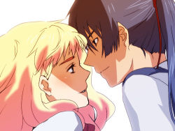 Rule 34 | 00s, 1boy, 1girl, bad id, bad pixiv id, blonde hair, couple, eye contact, from side, light smile, looking at another, lowres, macross, macross frontier, parted lips, ponytail, profile, purple hair, sakurai muto, saotome alto, sheryl nome, simple background, white background