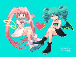 Rule 34 | 2girls, aqua eyes, black dress, black footwear, boots, borrowed character, commentary request, crossed arms, crossed legs, dress, drill hair, green hair, grin, heart, long hair, multiple girls, original, pink hair, red eyes, short dress, smile, translation request, tsunoji, twin drills, twintails, very long hair, waving, white dress, white footwear