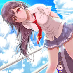 Rule 34 | 1girl, arms behind back, bag charm, blue skirt, blue sky, blush, brown hair, charm (object), cloud, day, from below, h.i.t (59-18-45), highres, leaning forward, long hair, necktie, original, pleated skirt, red eyes, red necktie, school uniform, shirt, skirt, sky, smile, solo, sunlight, uniform, white shirt